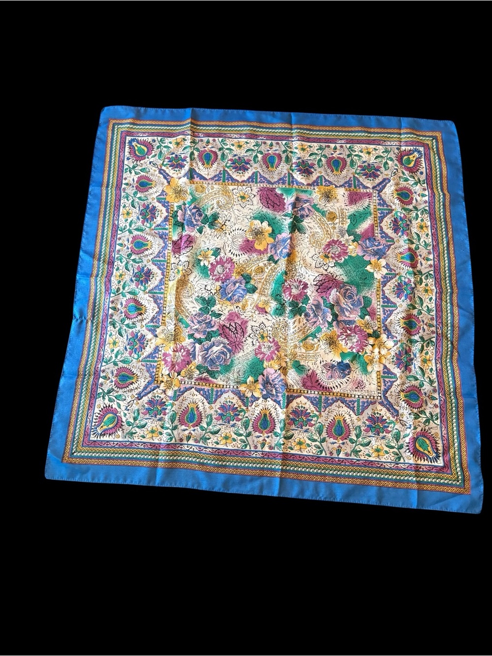 Vintage Silk Floral Pattern Blue Border Silk-Feel Scarf